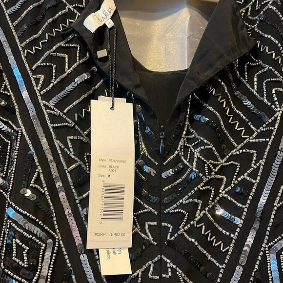 Parker Black Topaz Geometric Beaded Cap Sleeve Sheath Cocktail Dress Size M NWT - Picture 3 of 5